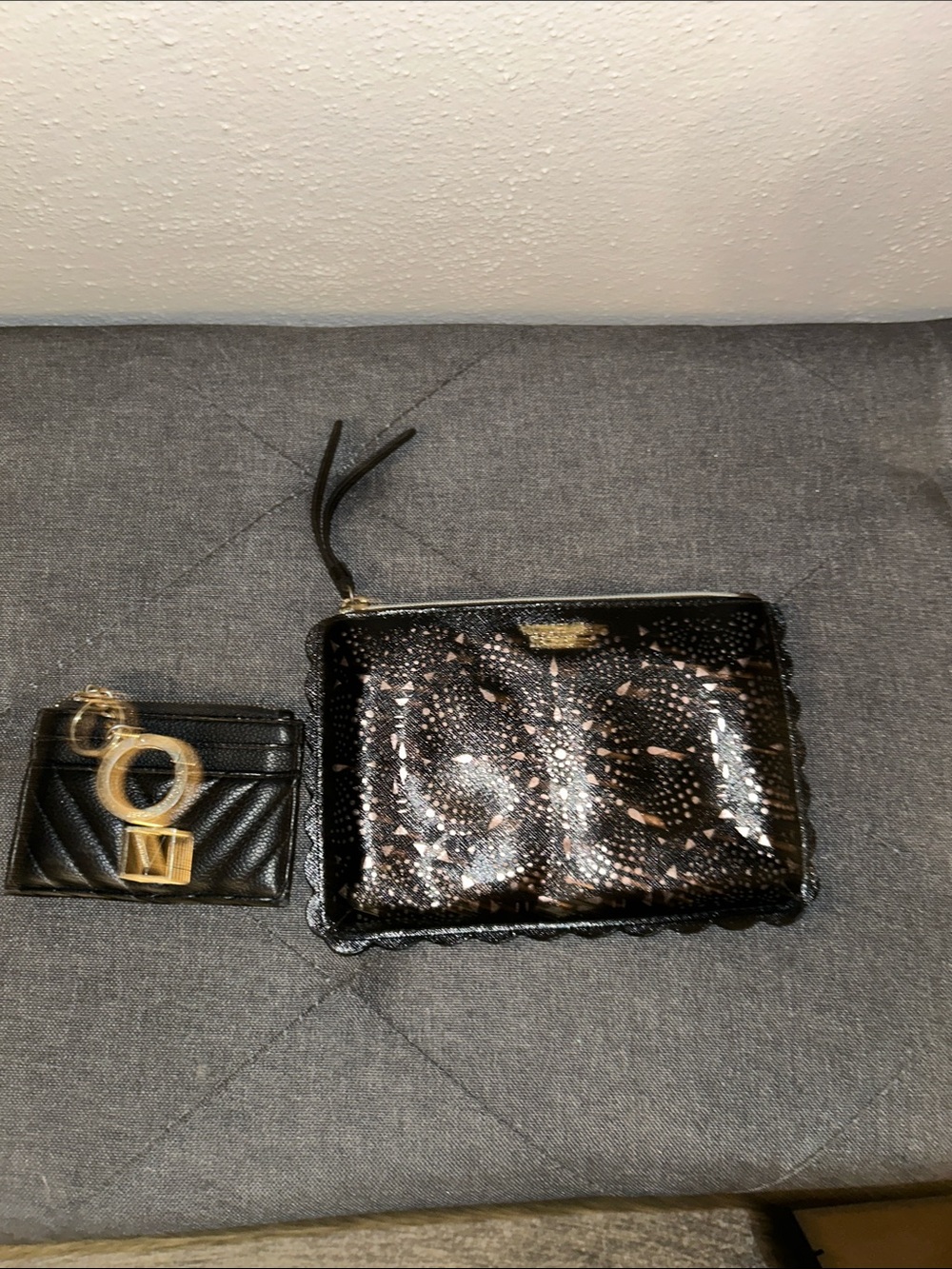Victoria's Secret Black Sequin Wristlet Clutch with Gold Accents